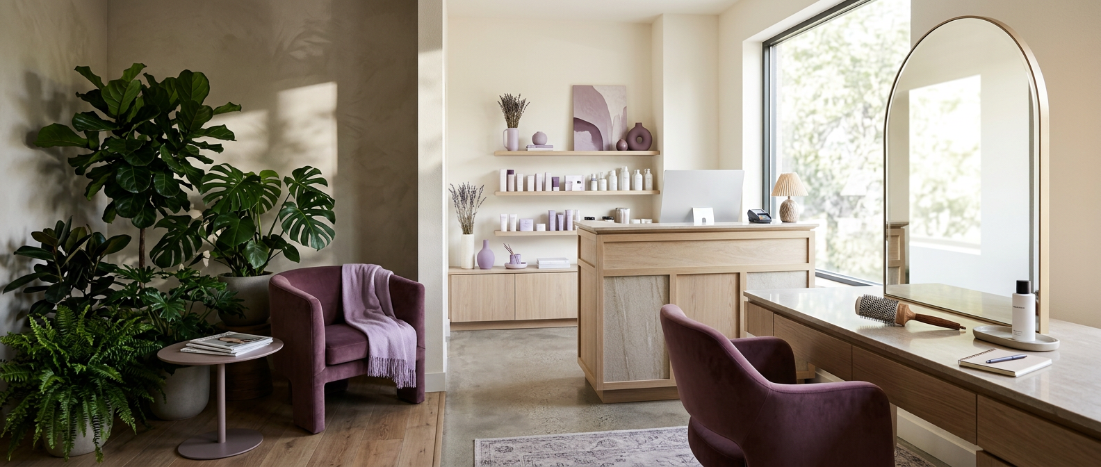 Interior de salón de belleza con recepción de madera, sillas color ciruela y estación de peinado iluminada por luz natural