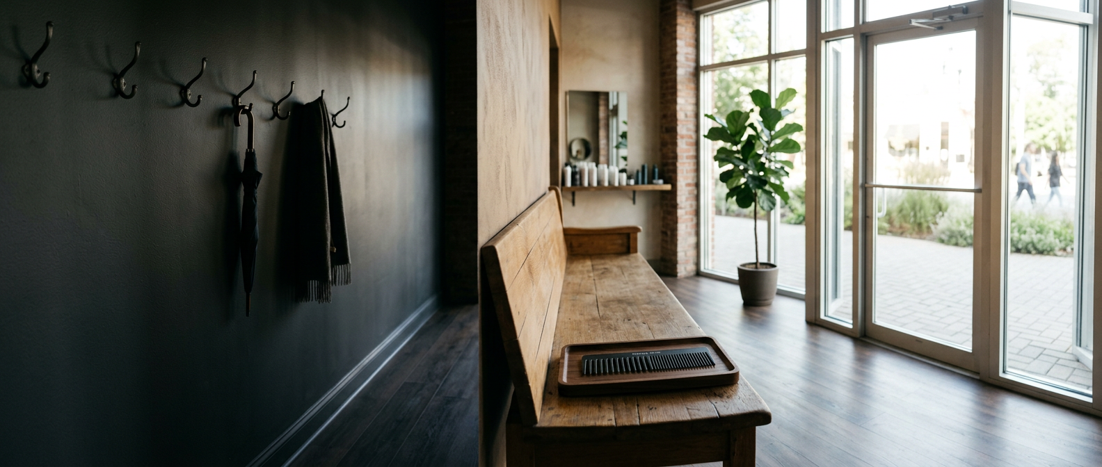 Entrada de salón de belleza con banca de madera, peine profesional y puerta de cristal con luz natural