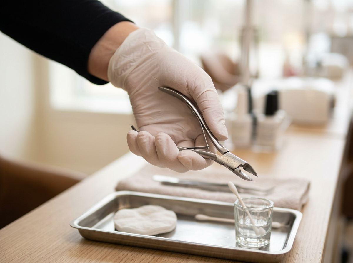 Mano con guante sosteniendo un alicate de cutículas esterilizado sobre bandeja de manicura