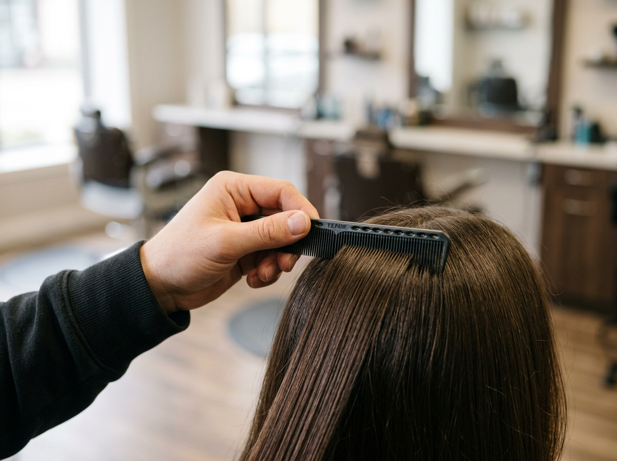 Peine de sección profesional separando cabello castaño liso y brillante